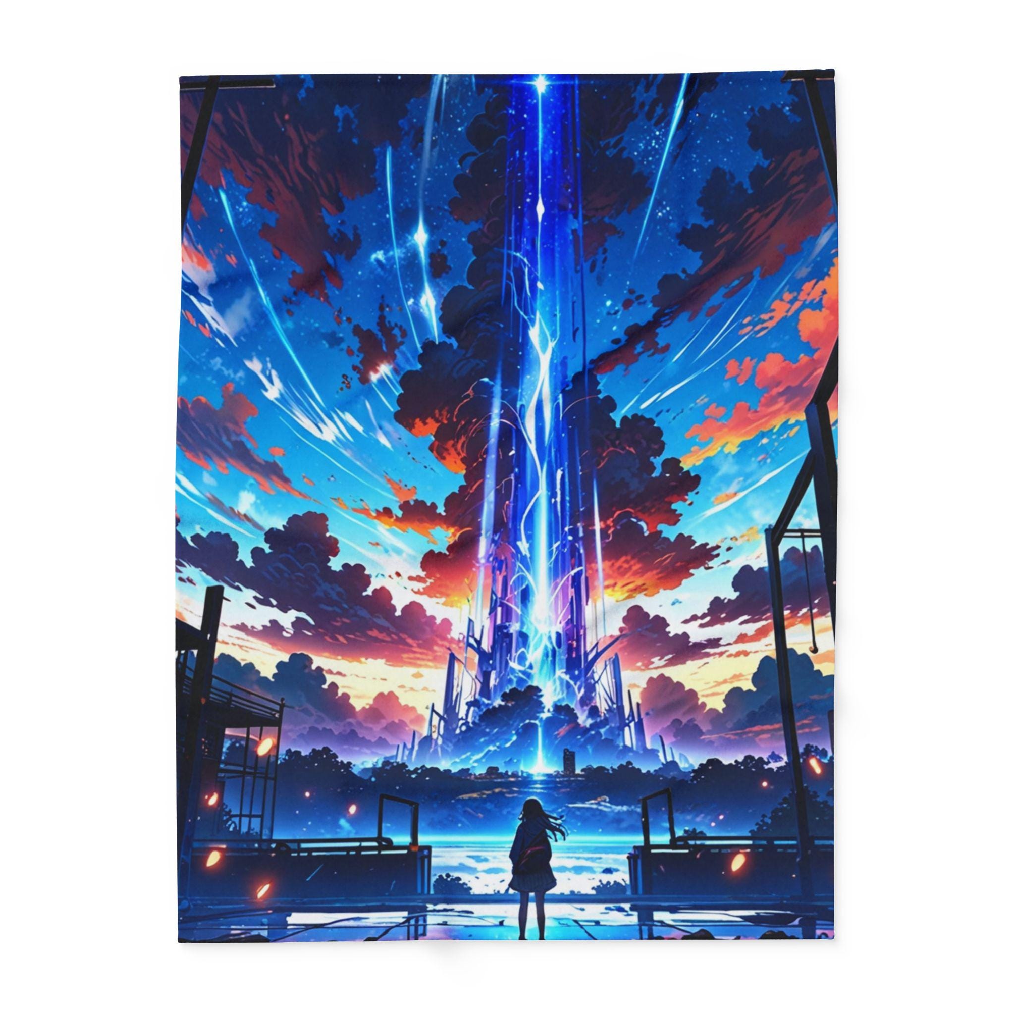 Anime Fleece Blanket Sci-Fi Tower Skybeam Throw Cyber Fantasy Art Gift for Otaku and Anime Room Decor