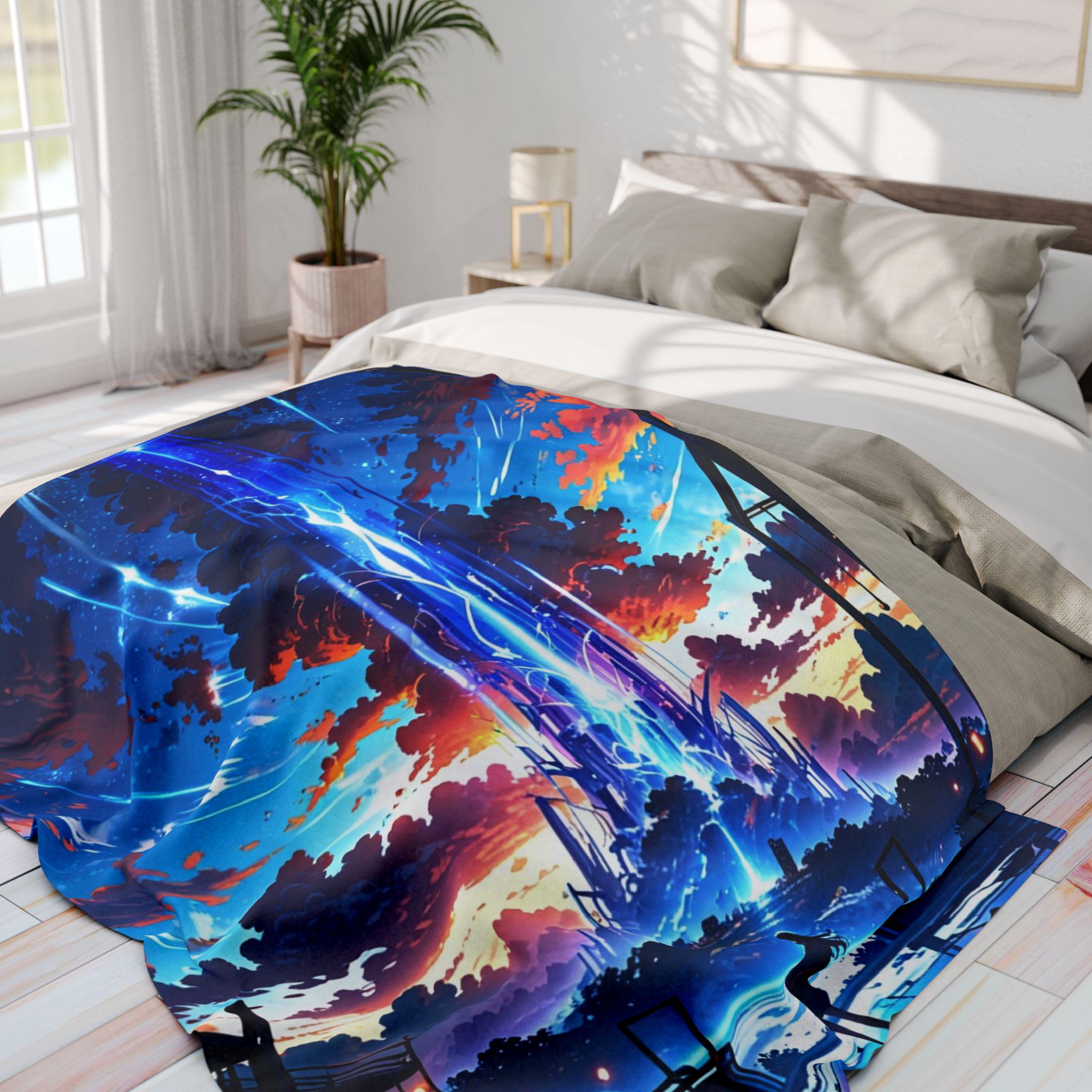 Anime Fleece Blanket Sci-Fi Tower Skybeam Throw Cyber Fantasy Art Gift for Otaku and Anime Room Decor