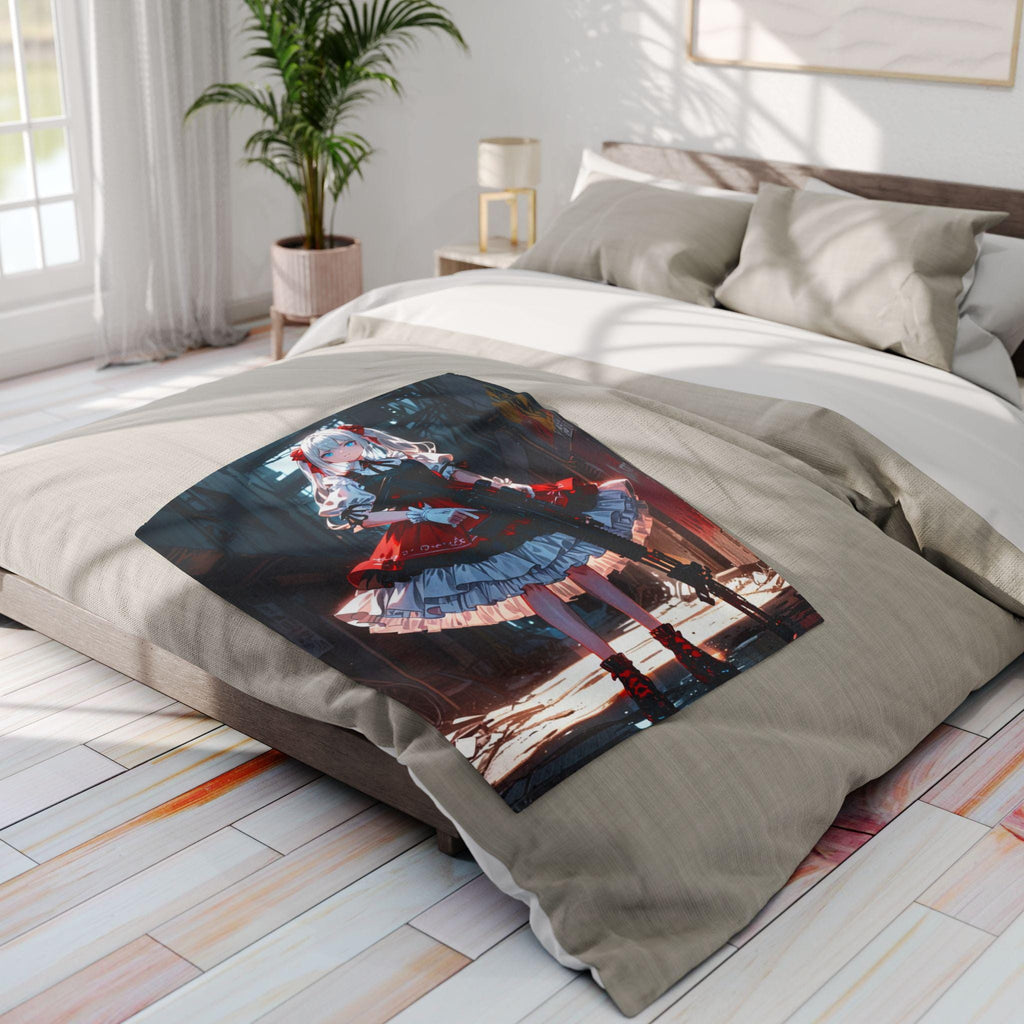 Anime Gothic Girl Fleece Blanket Red Lolita Gun Art Throw Edgy Streetwear Gift for Anime Fans and Otaku Decor
