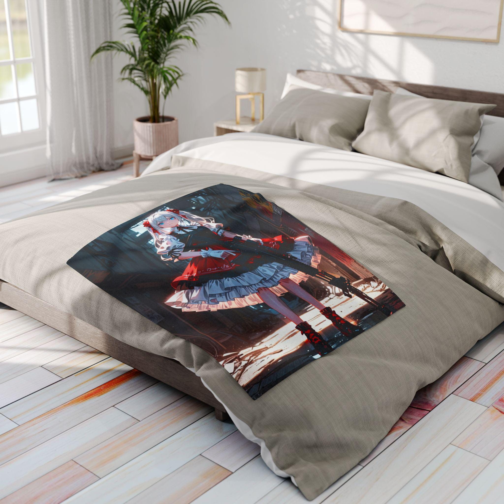 Anime Gothic Girl Fleece Blanket Red Lolita Gun Art Throw Edgy Streetwear Gift for Anime Fans and Otaku Decor