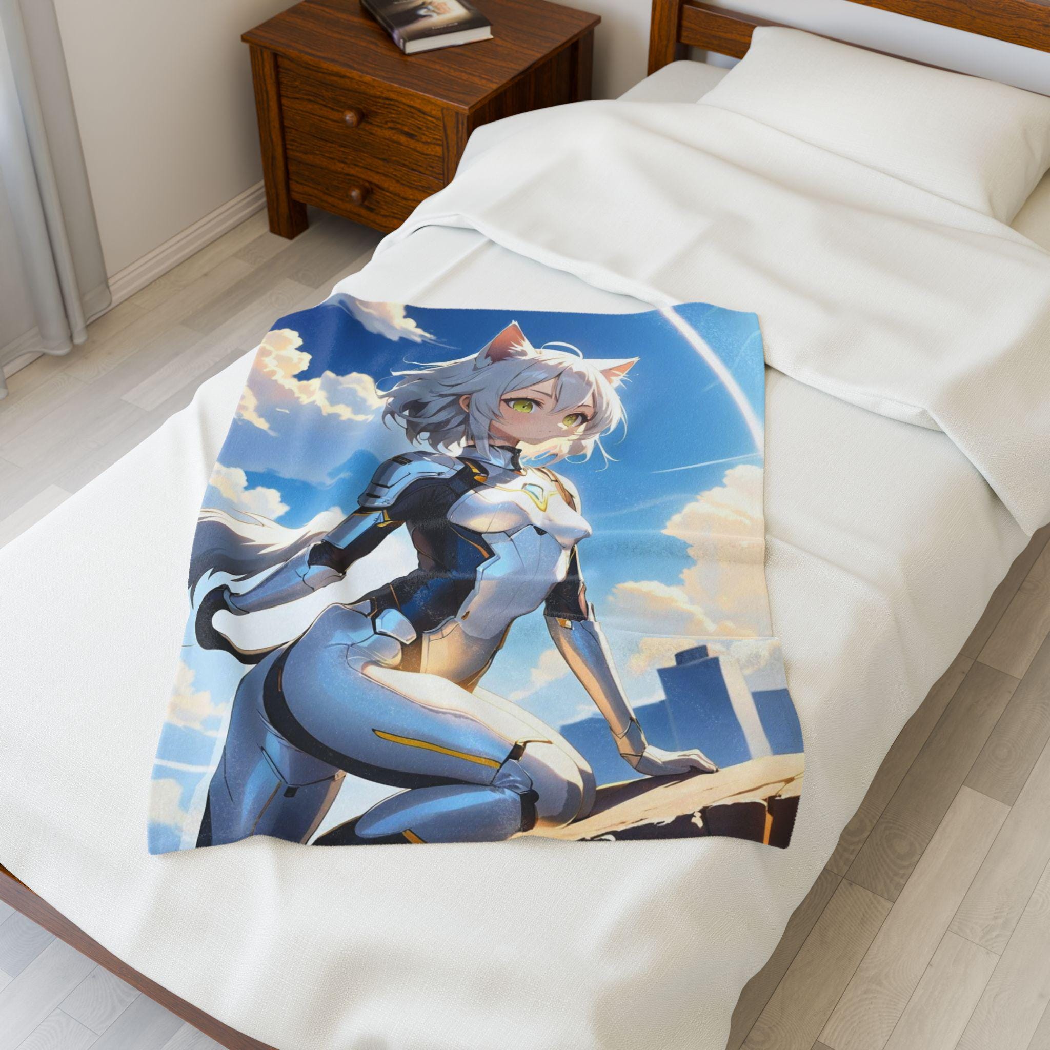 Cyber Catgirl Anime Blanket Futuristic Fleece Throw Neko Sci-Fi Space Suit Gift for Gamers and Otaku