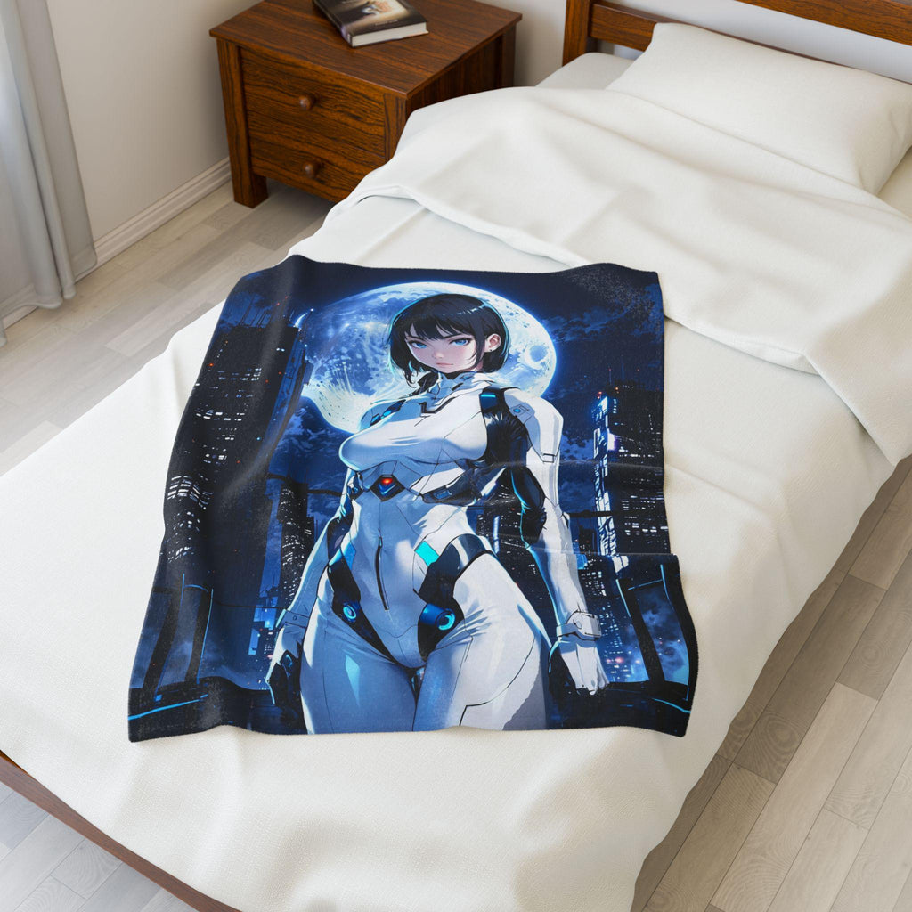 Cyberpunk Anime Girl Fleece Blanket Futuristic Moon Warrior Cool Gamer Gift Soft Cozy Sci-Fi Room Decor Epic Anime Apparel