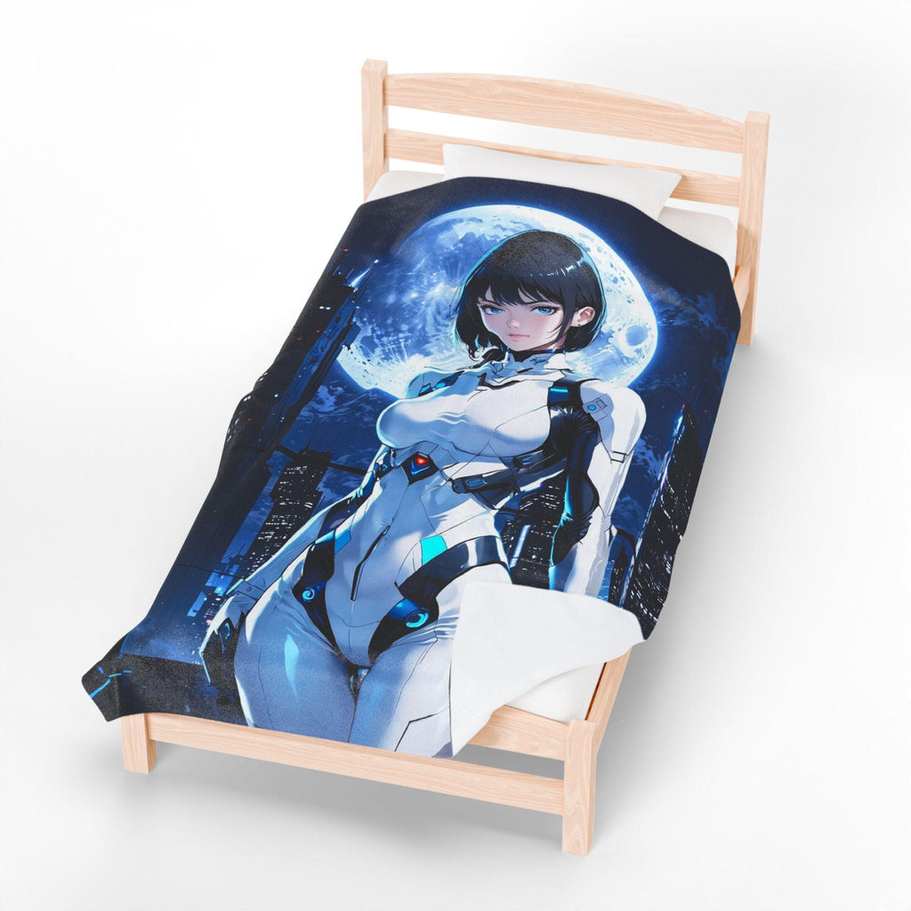 Cyberpunk Anime Girl Fleece Blanket Futuristic Moon Warrior Cool Gamer Gift Soft Cozy Sci-Fi Room Decor Epic Anime Apparel