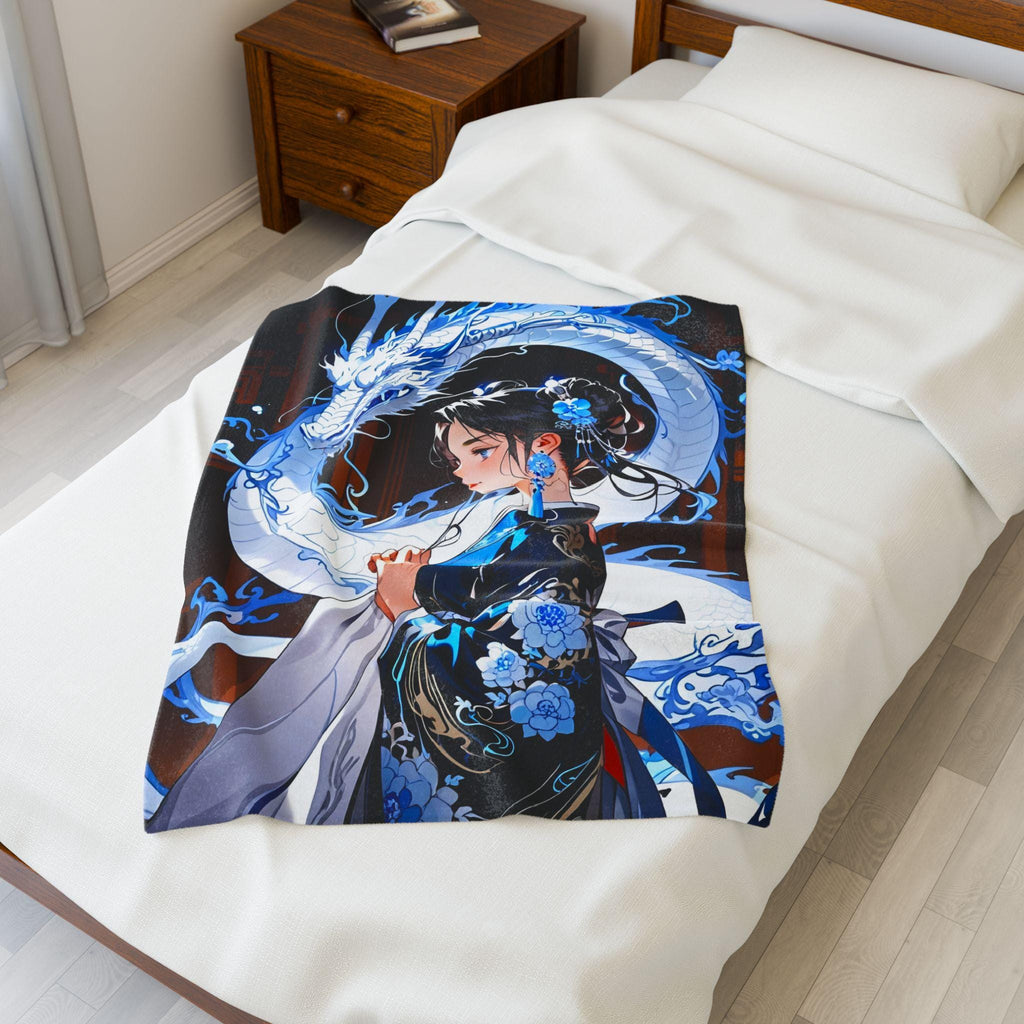 Blue Dragon Anime Girl Sherpa Blanket Elegant Kimono Spirit Beast Cozy Soft Gift for Anime Lovers Chinese Fantasy Room Decor