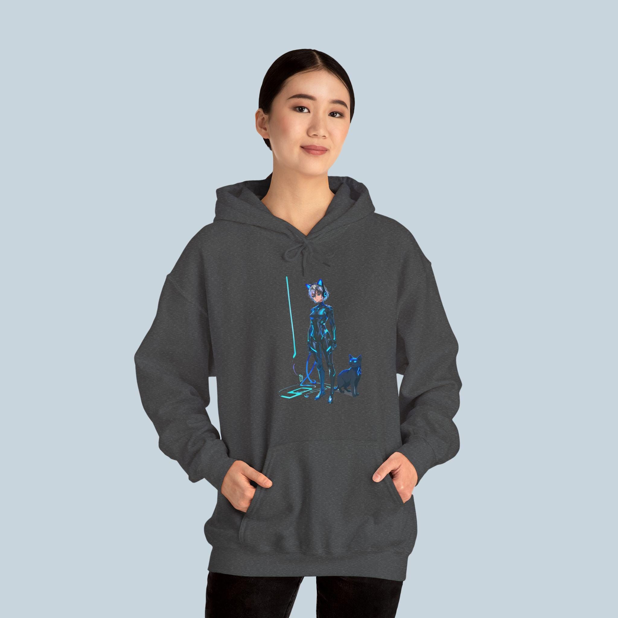 Cyberpunk Cat Girl Hoodie Neon Blue Techwear Streetwear Futuristic Anime Gamer Gift for Cat Lovers