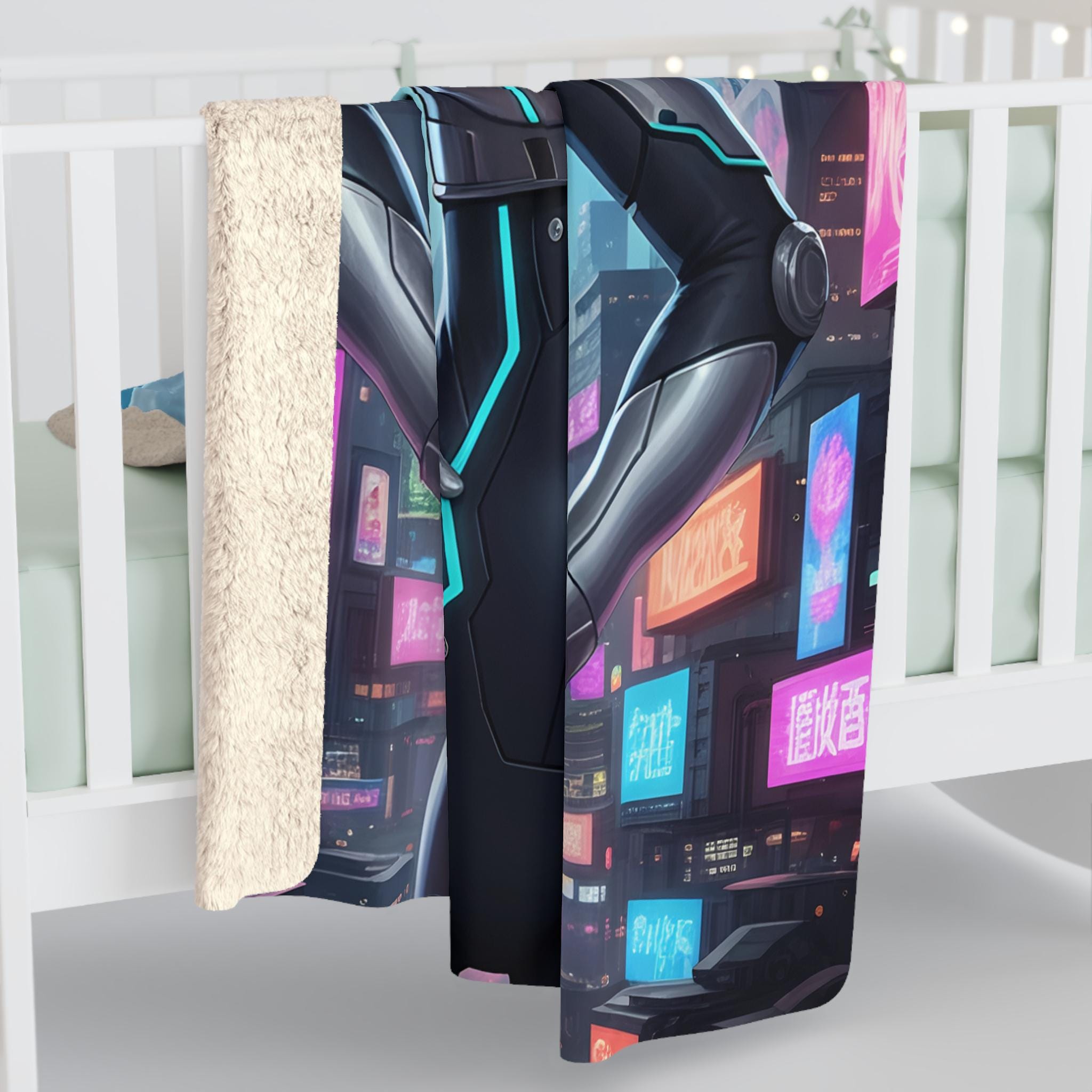 Astra Korrin Anime Blanket Cyberpunk Girl Sherpa Throw Futuristic Techwear Gift for Gamers and Anime Fans