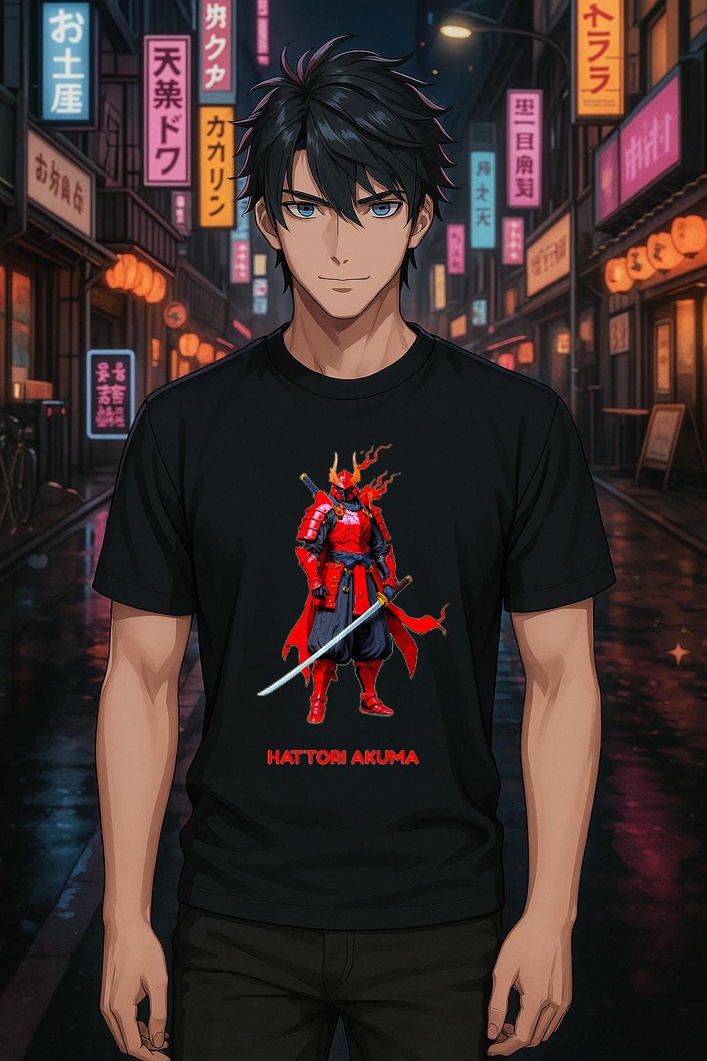 Hattori Akuma Samurai Anime T-Shirt Red Warrior Streetwear Techwear Gift for Anime Fans and Gamers