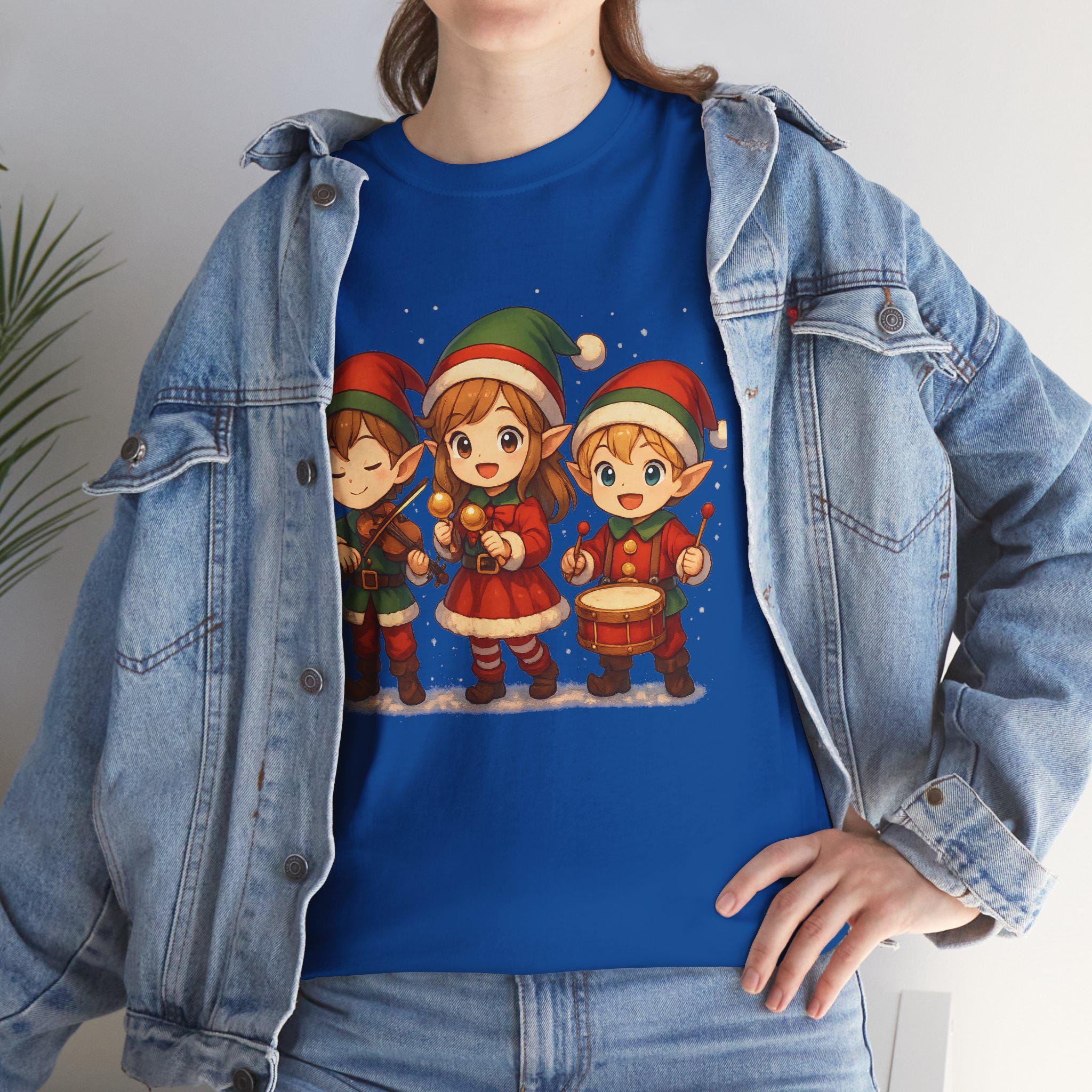 Cute Christmas Elf Band T-Shirt, Anime Style Holiday Shirt, Kawaii Caroling Elves Tee, Chibi Xmas Group Design, Christmas Gift for Kids