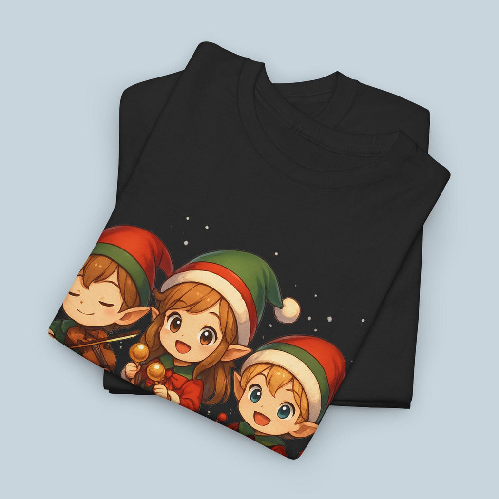 Cute Christmas Elf Band T-Shirt, Anime Style Holiday Shirt, Kawaii Caroling Elves Tee, Chibi Xmas Group Design, Christmas Gift for Kids