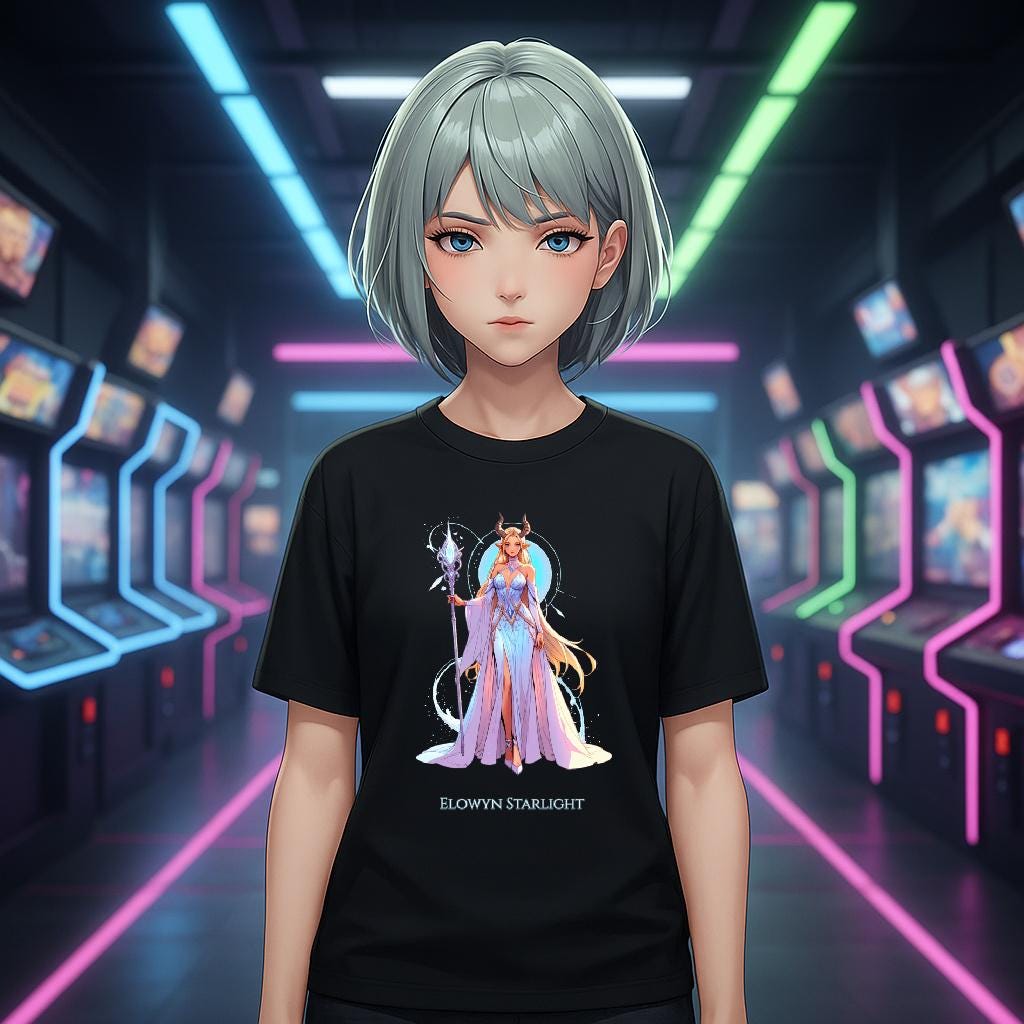 Elowyn Starlight Anime T-Shirt Magical Fantasy Girl Tee Neon Glow Gift for Gamers Anime Fans and Collectors Purple or Black Shirt