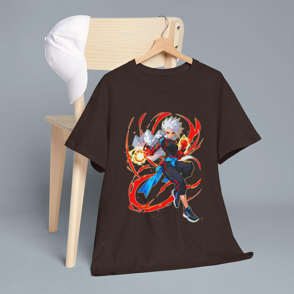 Fire Anime Fighter T-Shirt Neon Glow Power Pose Streetwear Gift for Anime Fans and Gamers