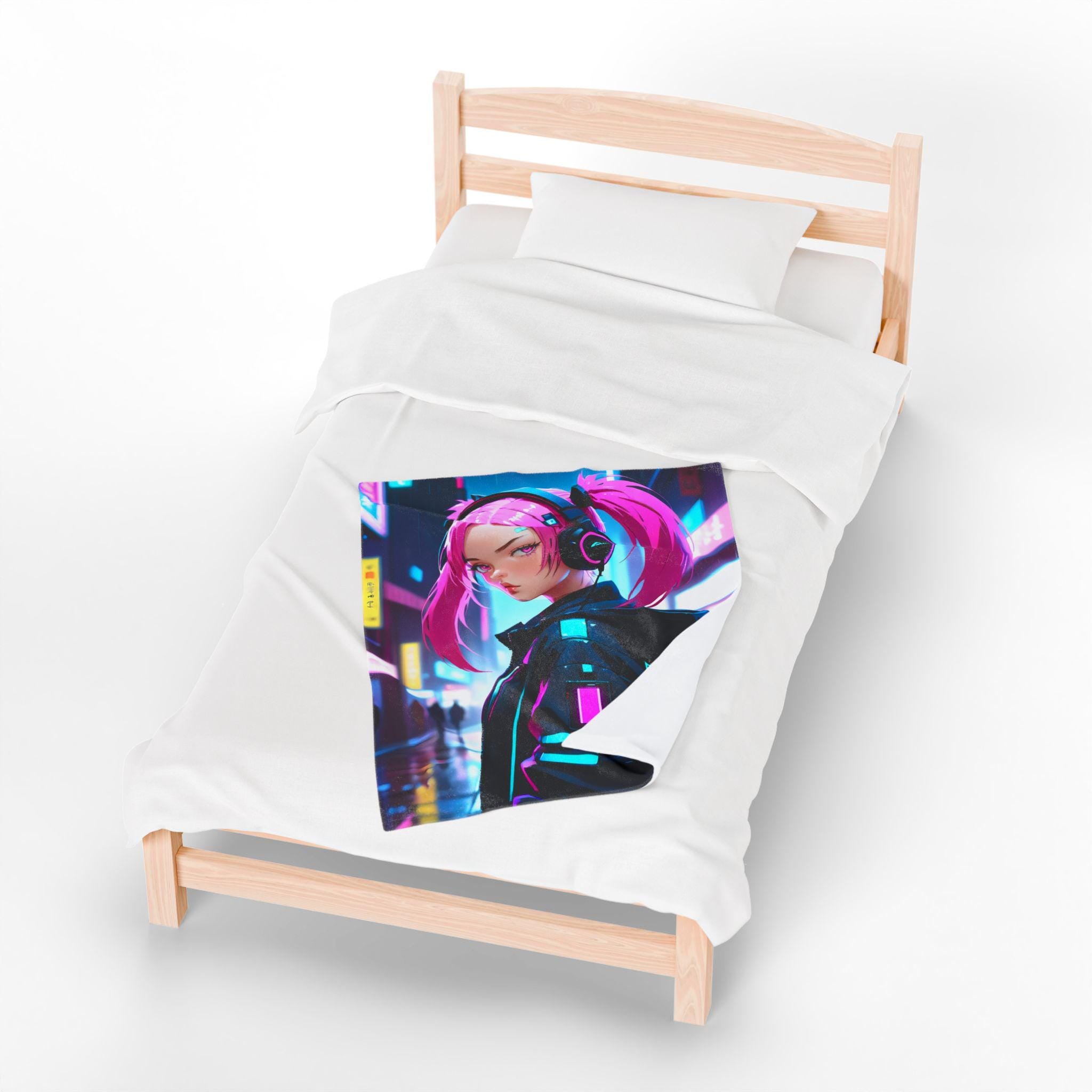 Cyberpunk Velveteen Plush Blanket - Cozy Throw for Gaming Room, Gift for Her, Futuristic Decor, Soft Blanket, Anime Aesthetic