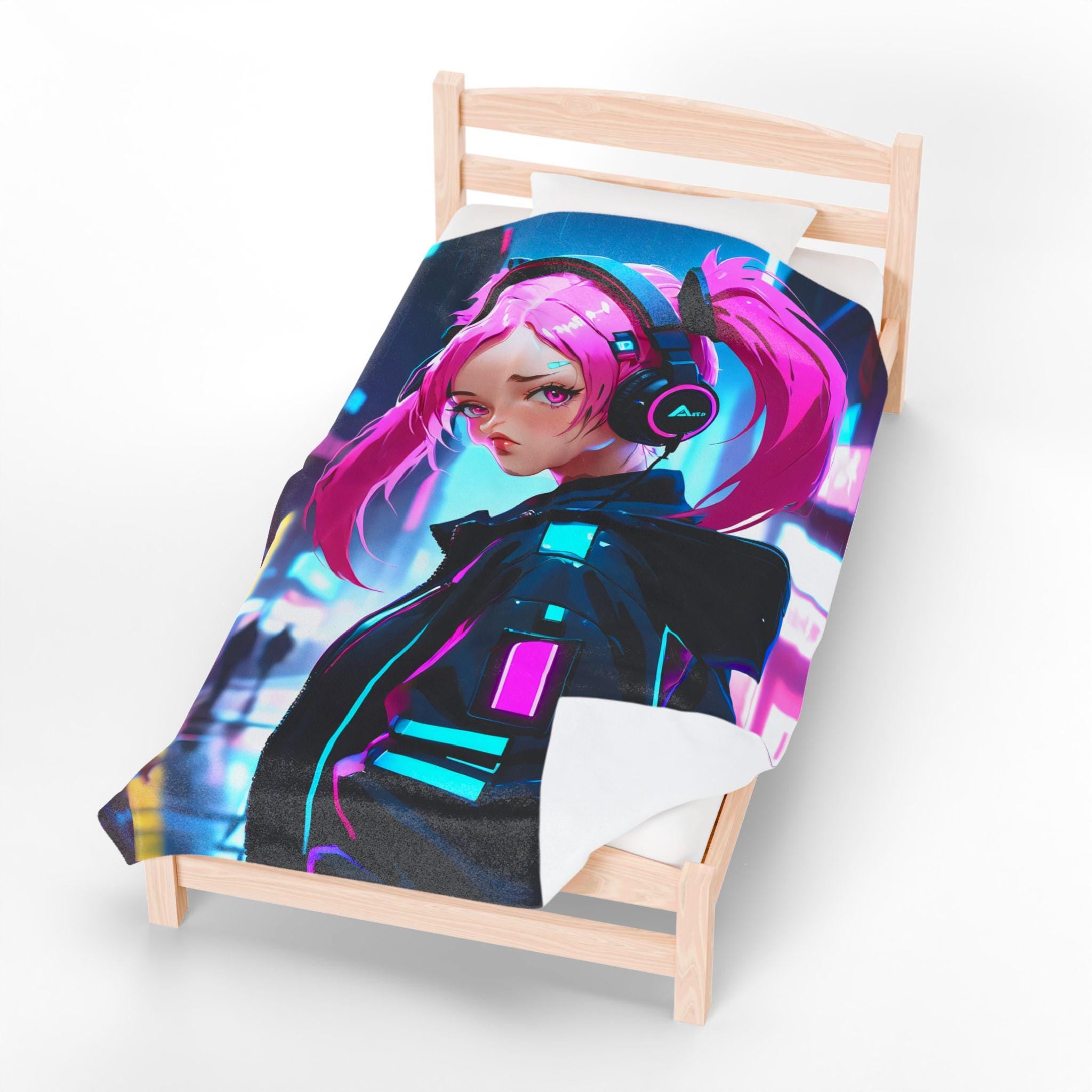 Cyberpunk Velveteen Plush Blanket - Cozy Throw for Gaming Room, Gift for Her, Futuristic Decor, Soft Blanket, Anime Aesthetic